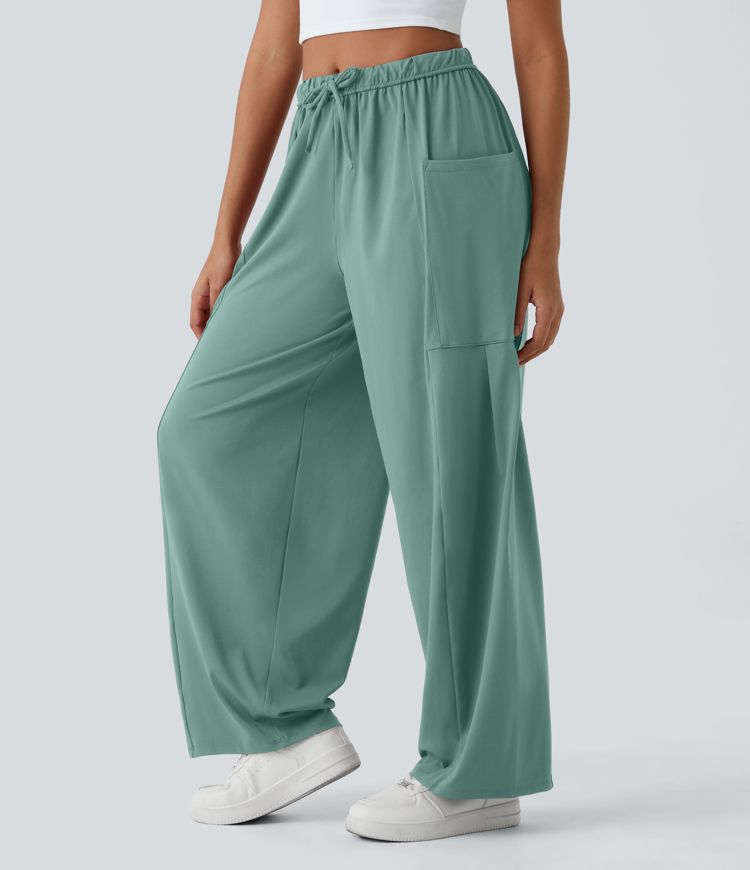 Mid Rise Elastic Waistband Drawstring Pocket Palazzo Flowy Wide Leg Baggy Casual Pants