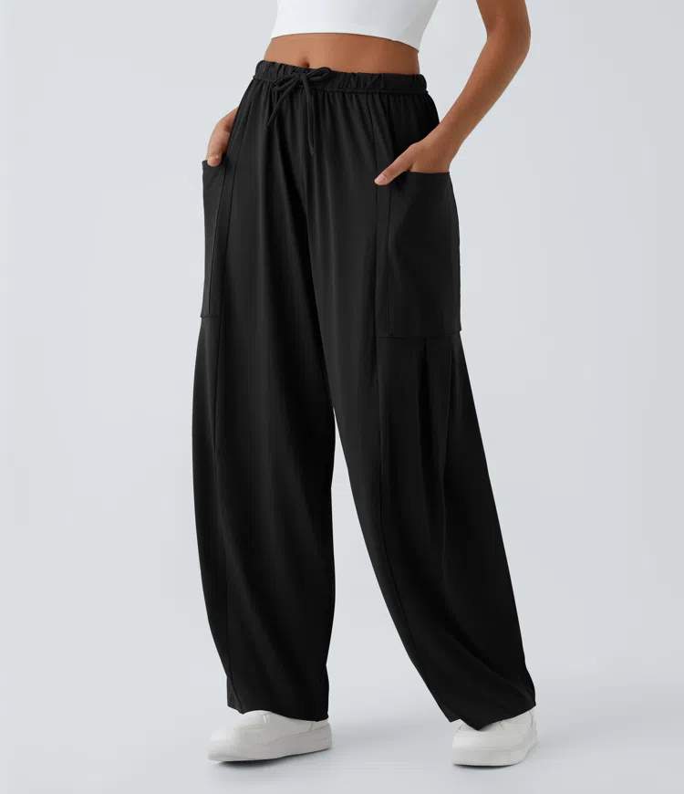 Mid Rise Elastic Waistband Drawstring Pocket Palazzo Flowy Wide Leg Casual Pants