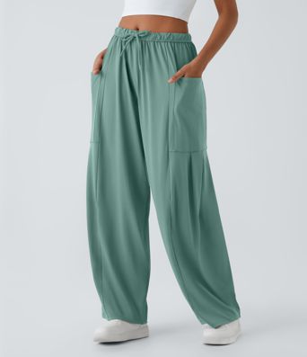 Mid Rise Elastic Waistband Drawstring Pocket Palazzo Flowy Wide Leg Baggy Casual Pants