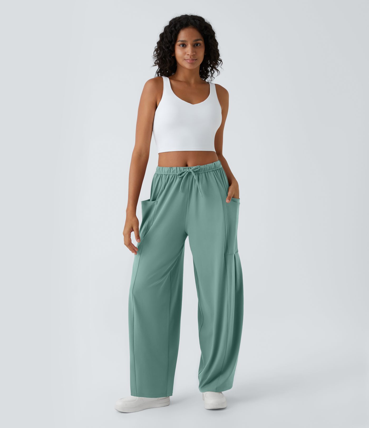 Mid Rise Elastic Waistband Drawstring Pocket Palazzo Flowy Wide Leg Baggy Casual Pants