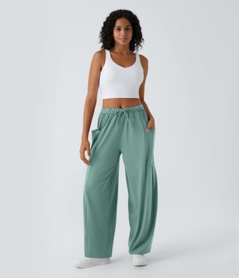 Mid Rise Elastic Waistband Drawstring Pocket Palazzo Flowy Wide Leg Baggy Casual Pants