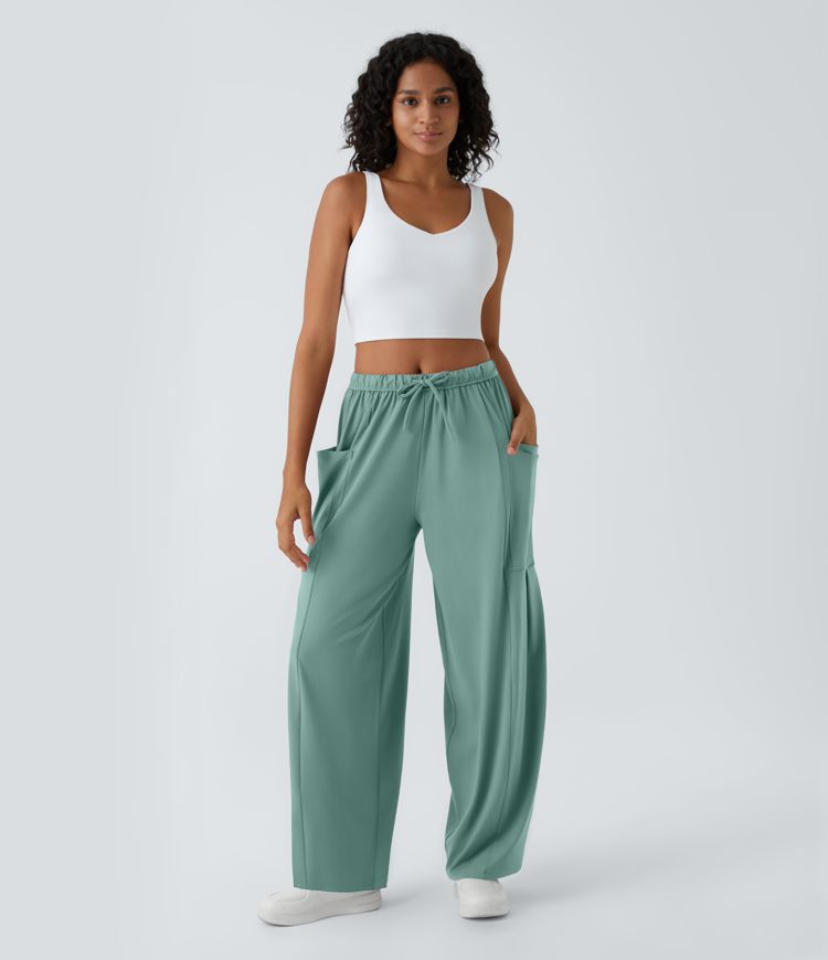Mid Rise Elastic Waistband Drawstring Pocket Palazzo Flowy Wide Leg Baggy Casual Pants