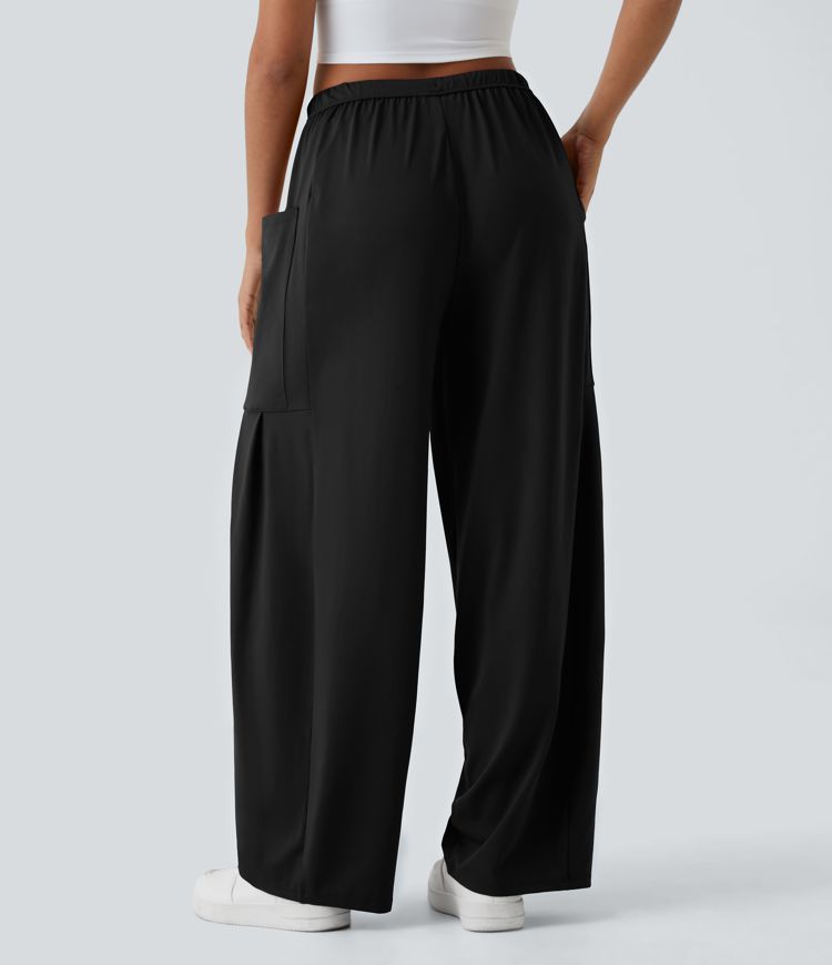 Mid Rise Elastic Waistband Drawstring Side Pocket Palazzo Flowy Wide Leg Casual Pants