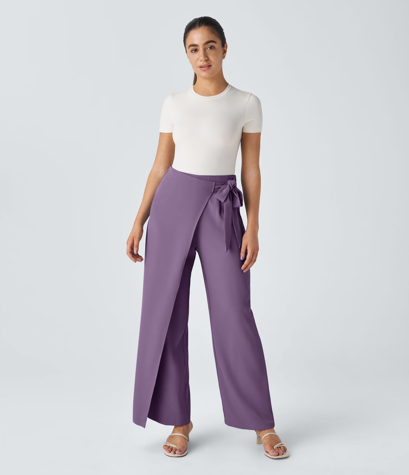 Pantalón oficina pierna ancha cremallera invisible tiro alto lazo lateral