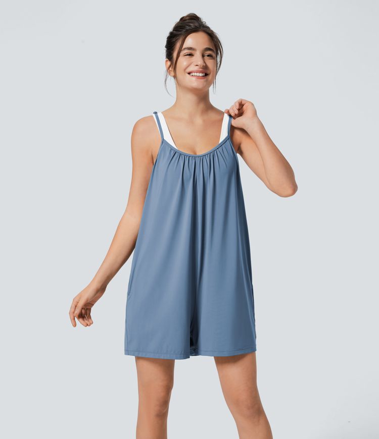 Spaghetti Adjustable Strap Plicated Side Pocket Solid Wide Leg Casual Jumpsuit