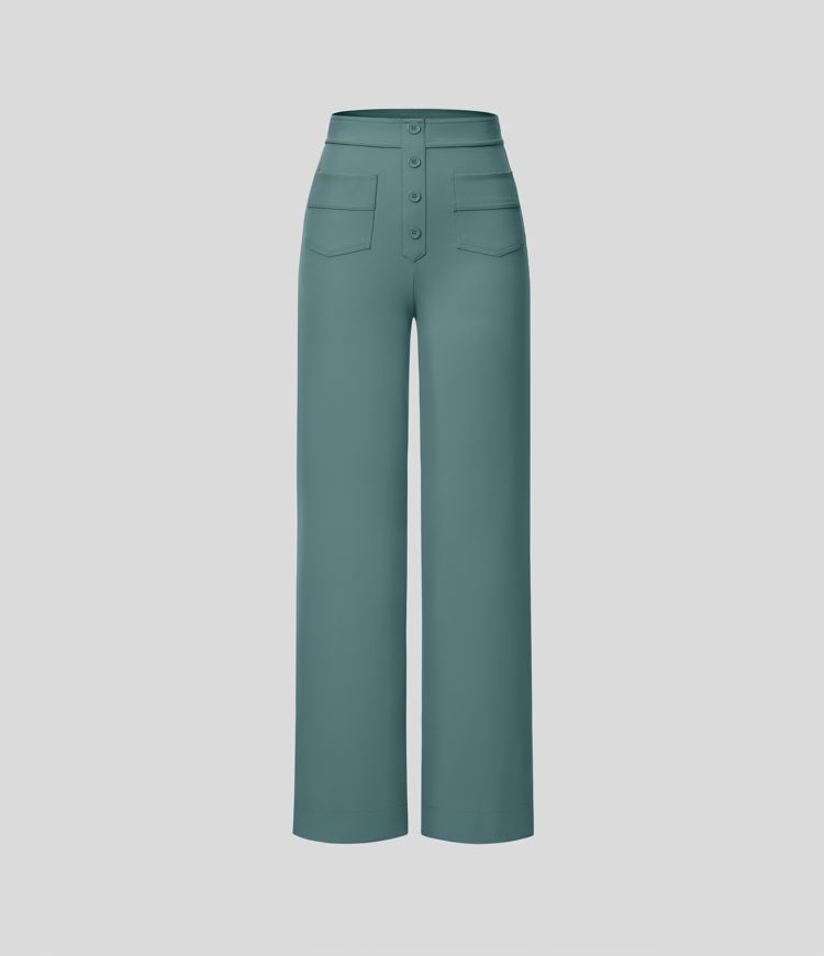 High Waisted Pockets Straight Leg Casual Trousers