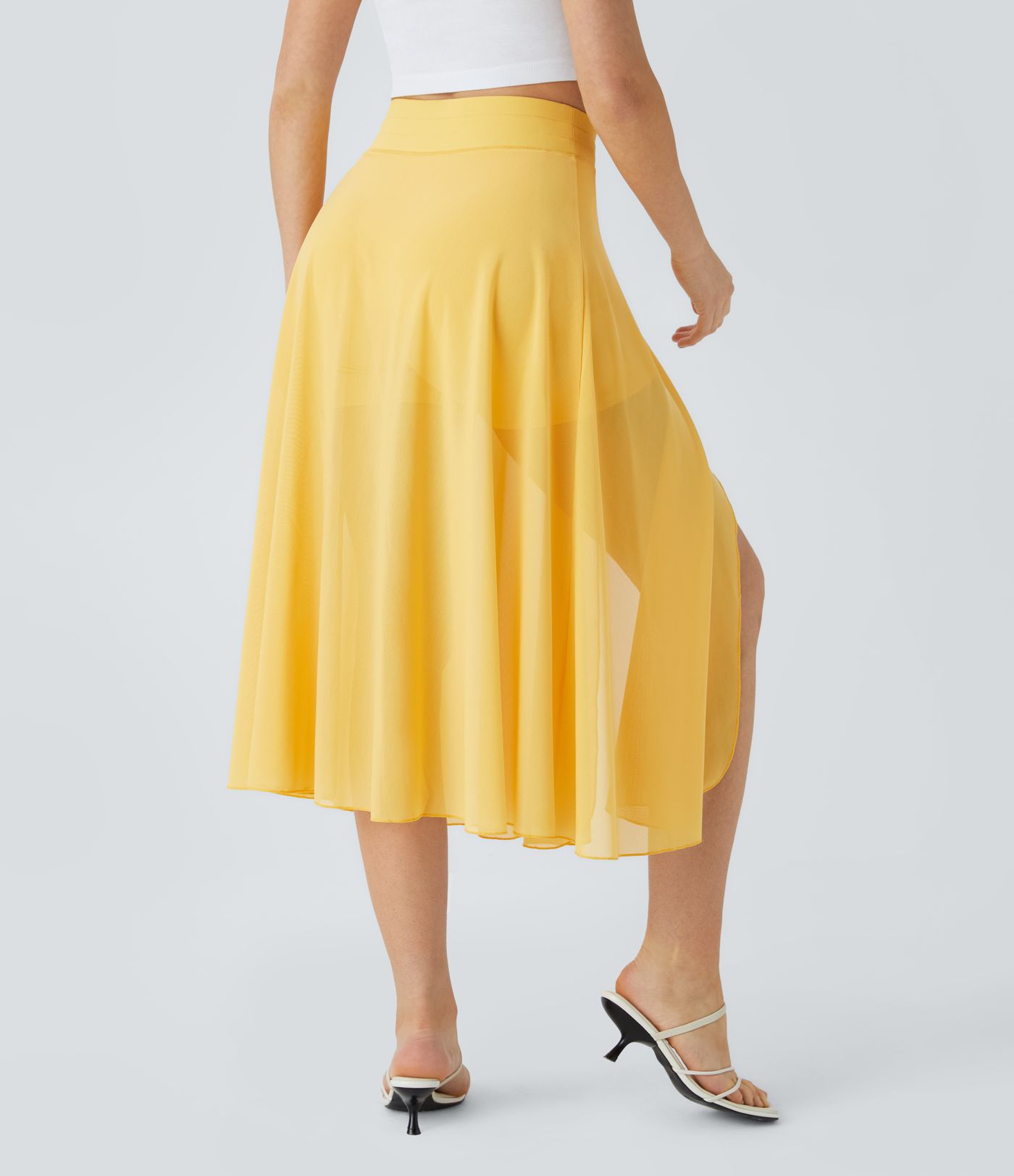 High Waisted Drawstring Contrast Mesh 2-in-1 Pocket Flowy Midi Flare Casual Skirt