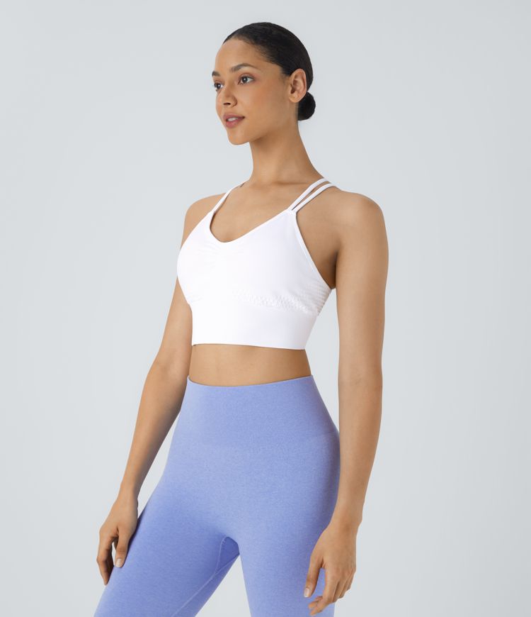 Rückenfreier, geraffter Sport-BH mit geringem Support, überkreuzten Doppelträgern und nahtlosem Flow - A-C Cups