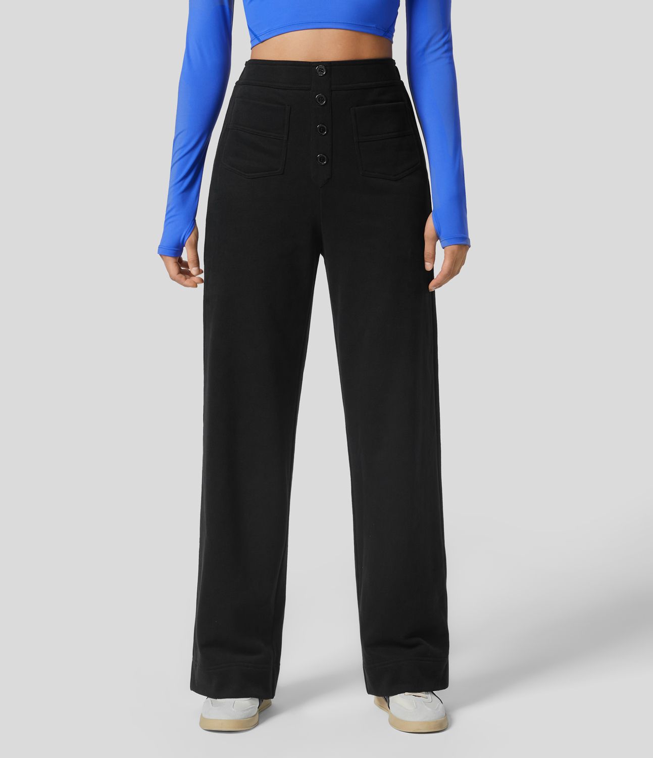 Pantalón polar tiro alto botón múltiple bolsillo pierna recta