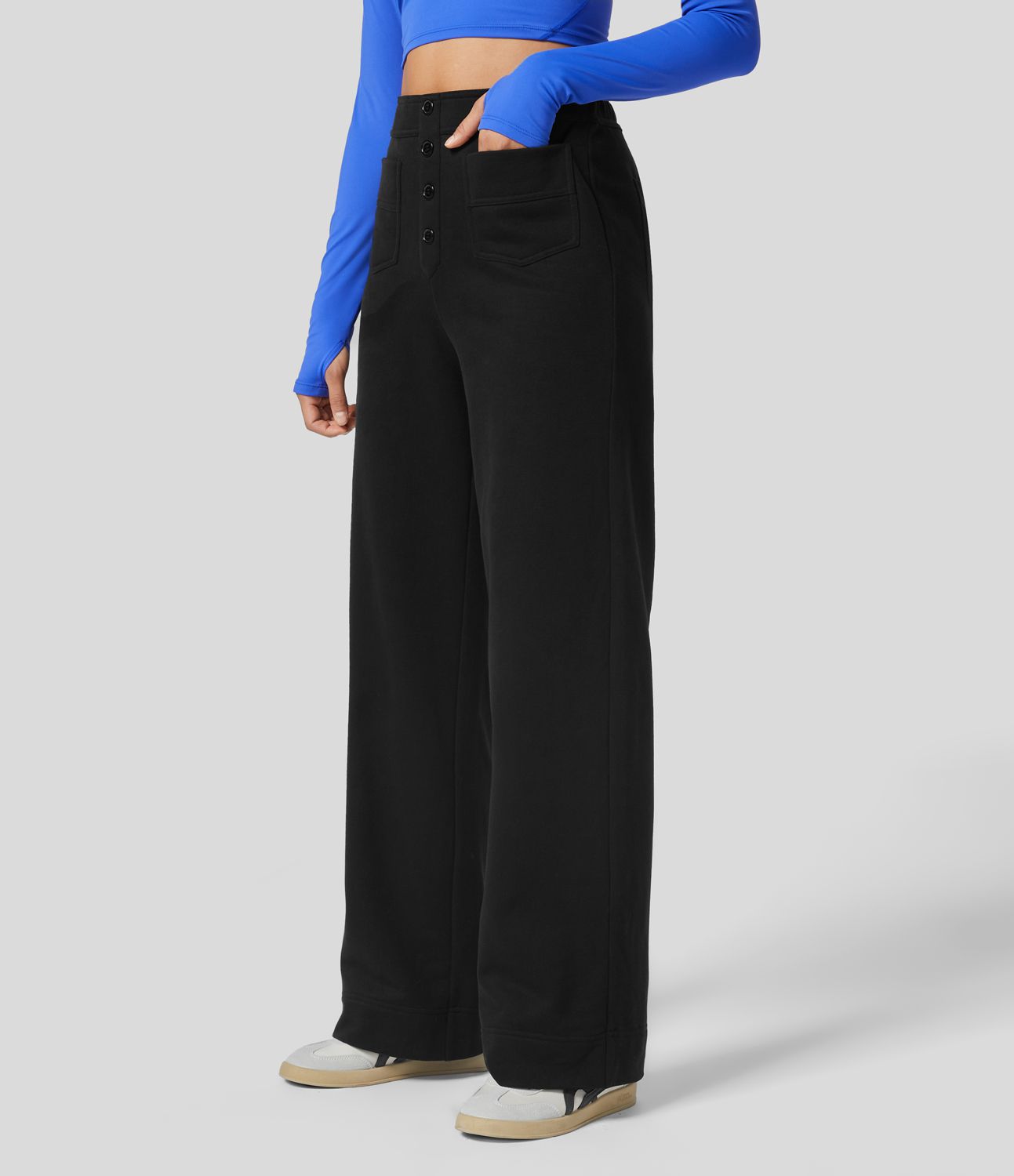 Pantalón polar tiro alto botón múltiple bolsillo pierna recta