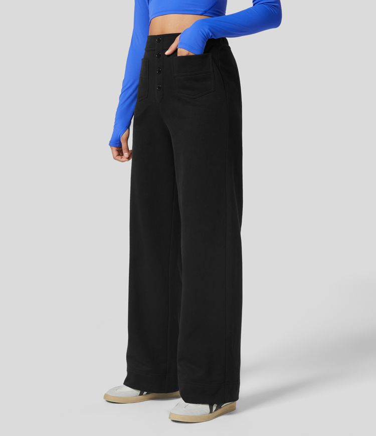 Pantalón polar tiro alto botón múltiple bolsillo pierna recta