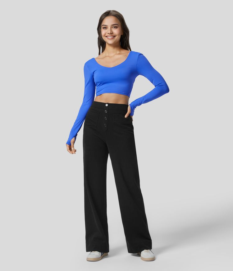 Pantalón polar tiro alto botón múltiple bolsillo pierna recta