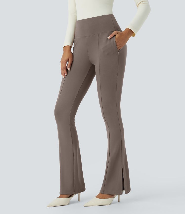 Halara Flex™ Pantalon Tailleur Taille Moyenne avec Poche Latérale Zippée Ourlet Fendu et Léger Évasement