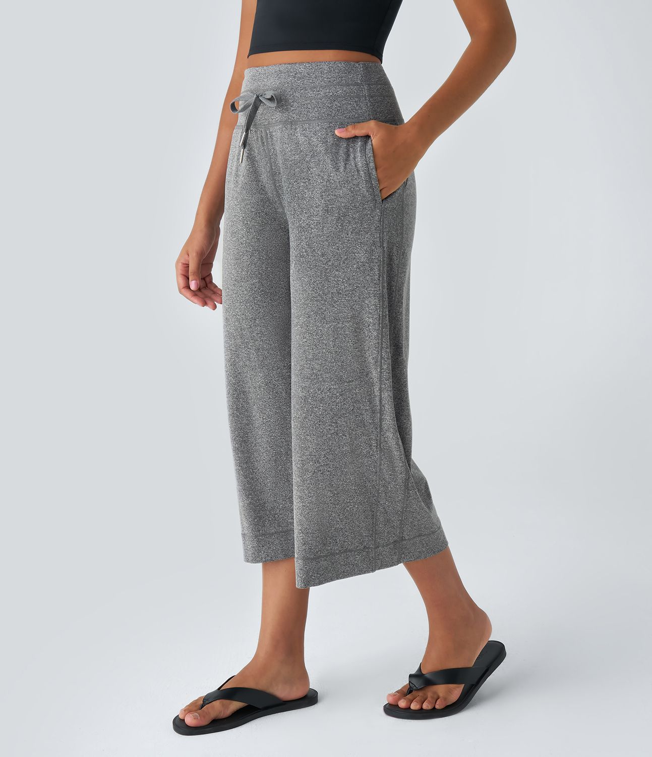 High-waist drawstring side pocket wide capri casual pants