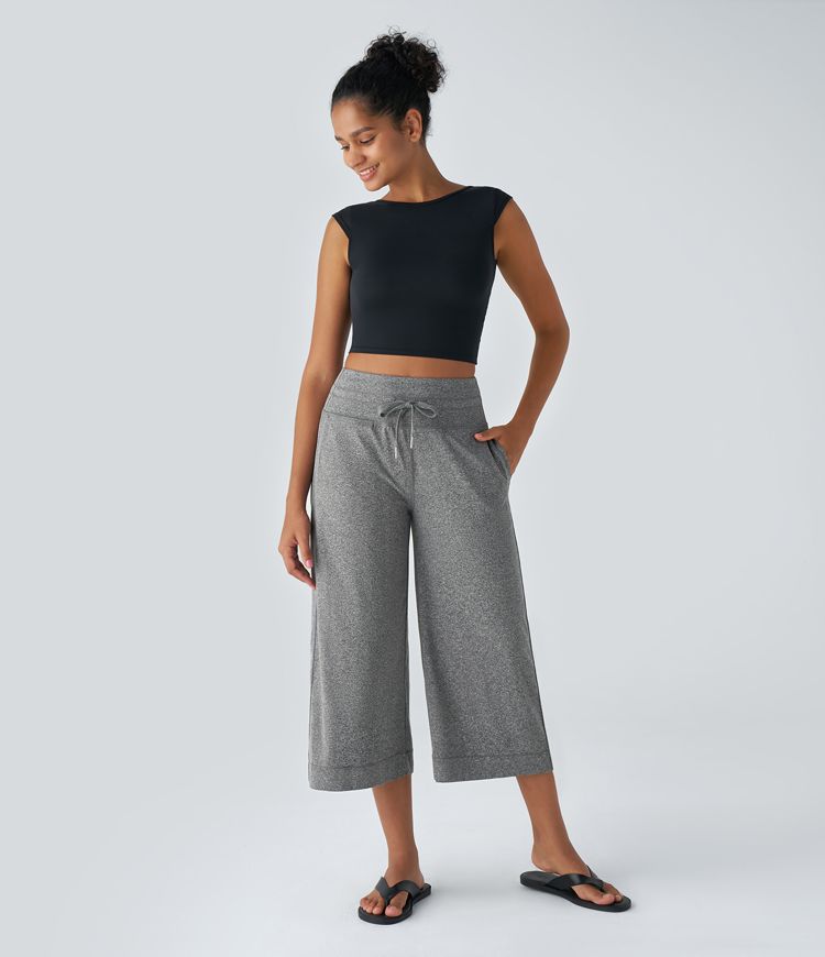 High-waist drawstring side pocket wide capri casual pants