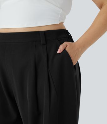 Mid Rise Side Pocket Barrel Leg Plus Size Work Trousers