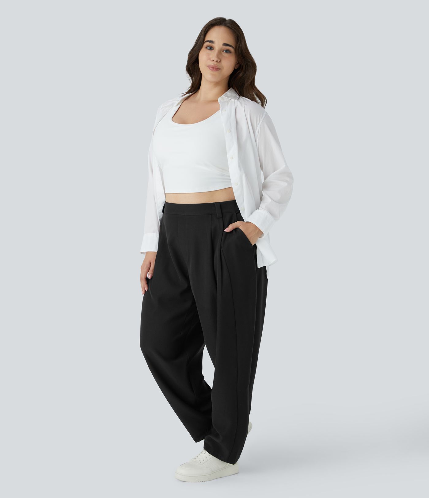 Mid Rise Side Pocket Barrel Leg Plus Size Work Trousers