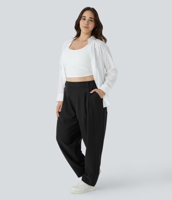 Mid Rise Side Pocket Barrel Leg Plus Size Work Trousers