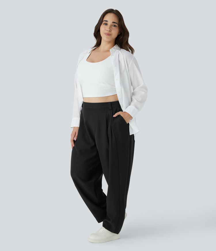 Mid Rise Side Pocket Barrel Leg Plus Size Work Trousers