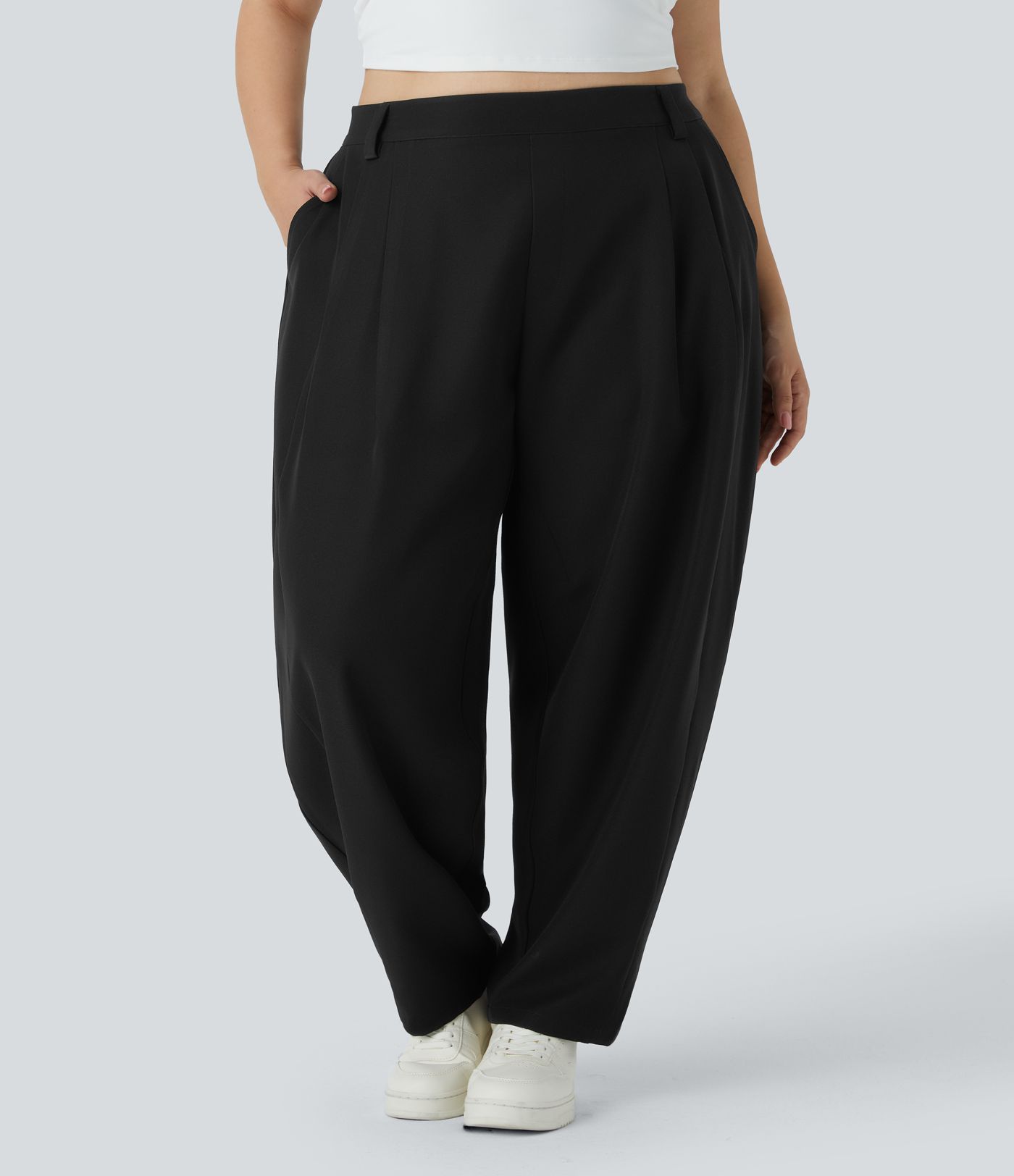 Mid Rise Side Pocket Barrel Leg Plus Size Work Trousers