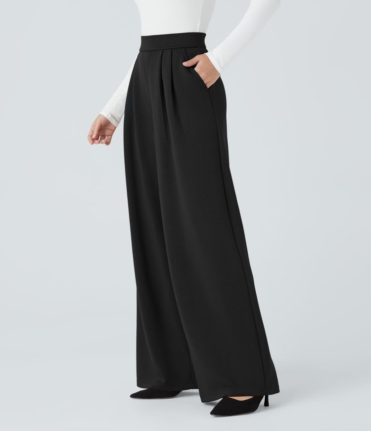High Waisted Plicated Side Pocket Wide Leg Work Pants