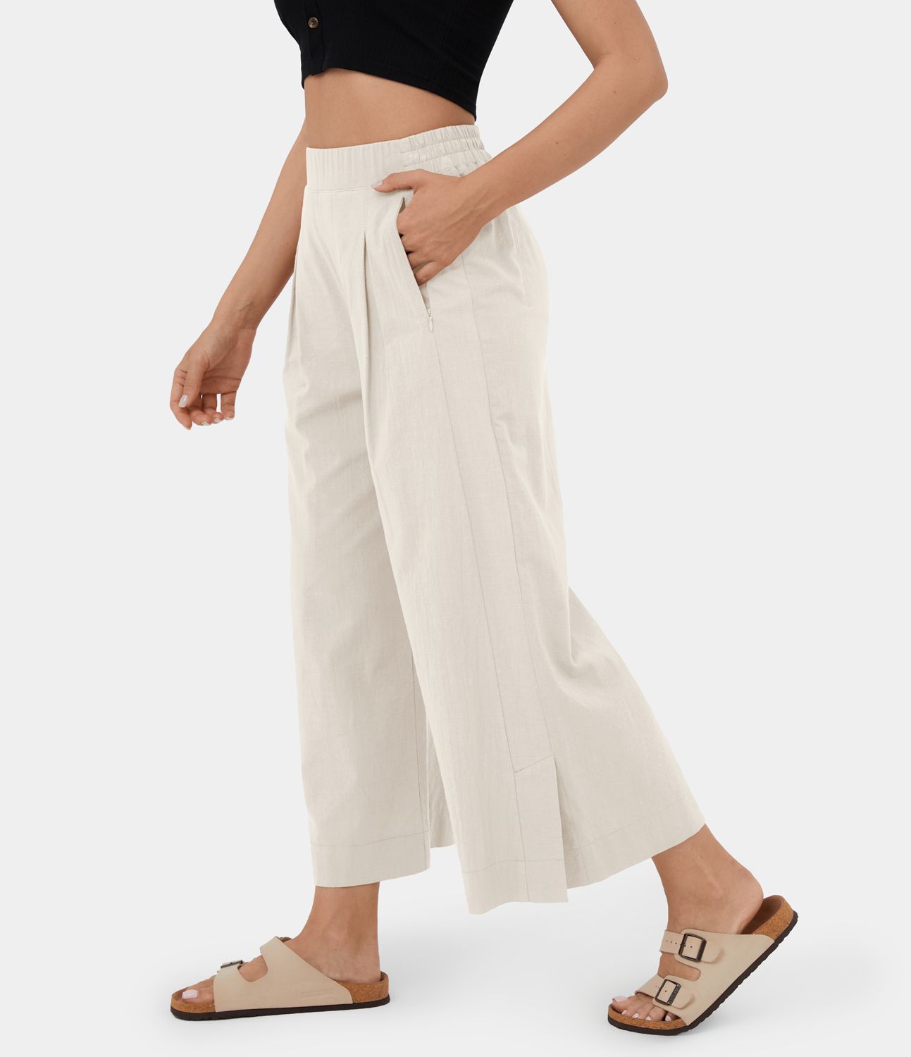 Pantalón capri palazzo lino tiro alto pliegue múltiple bolsillo dobladillo dividido pierna ancha