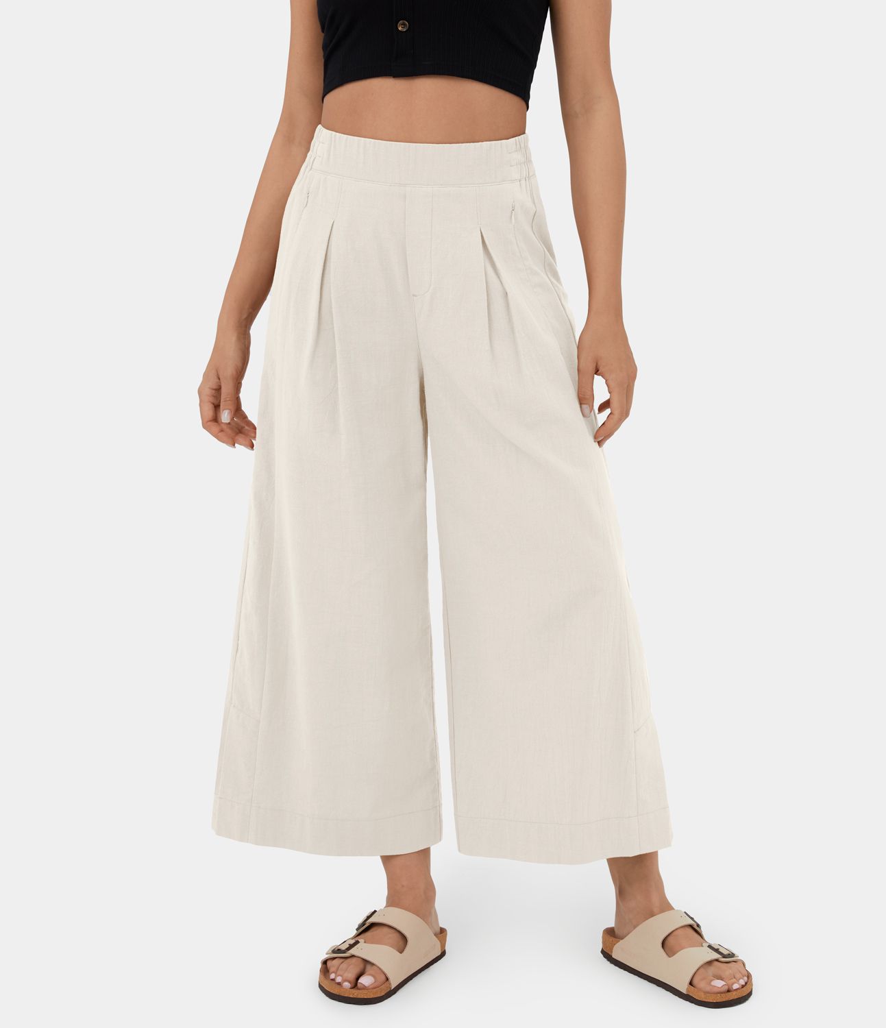 Pantalón capri palazzo lino tiro alto pliegue múltiple bolsillo dobladillo dividido pierna ancha