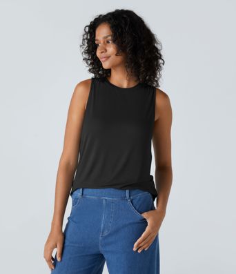 Débardeur Basique Décontracté Col Rond Côtelé