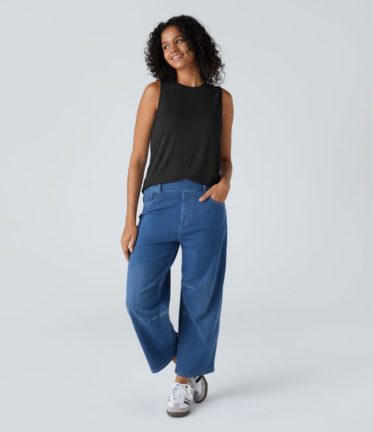 Débardeur Basique Décontracté Col Rond Côtelé