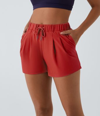 Patalón corto casual de cintura alta y elástica y cordón con bolsillo lateral fruncido de 3 pulgadas