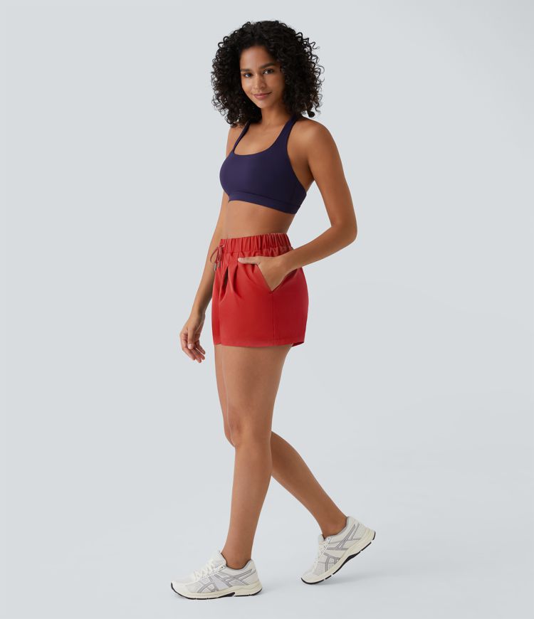 Patalón corto casual de cintura alta y elástica y cordón con bolsillo lateral fruncido de 3 pulgadas