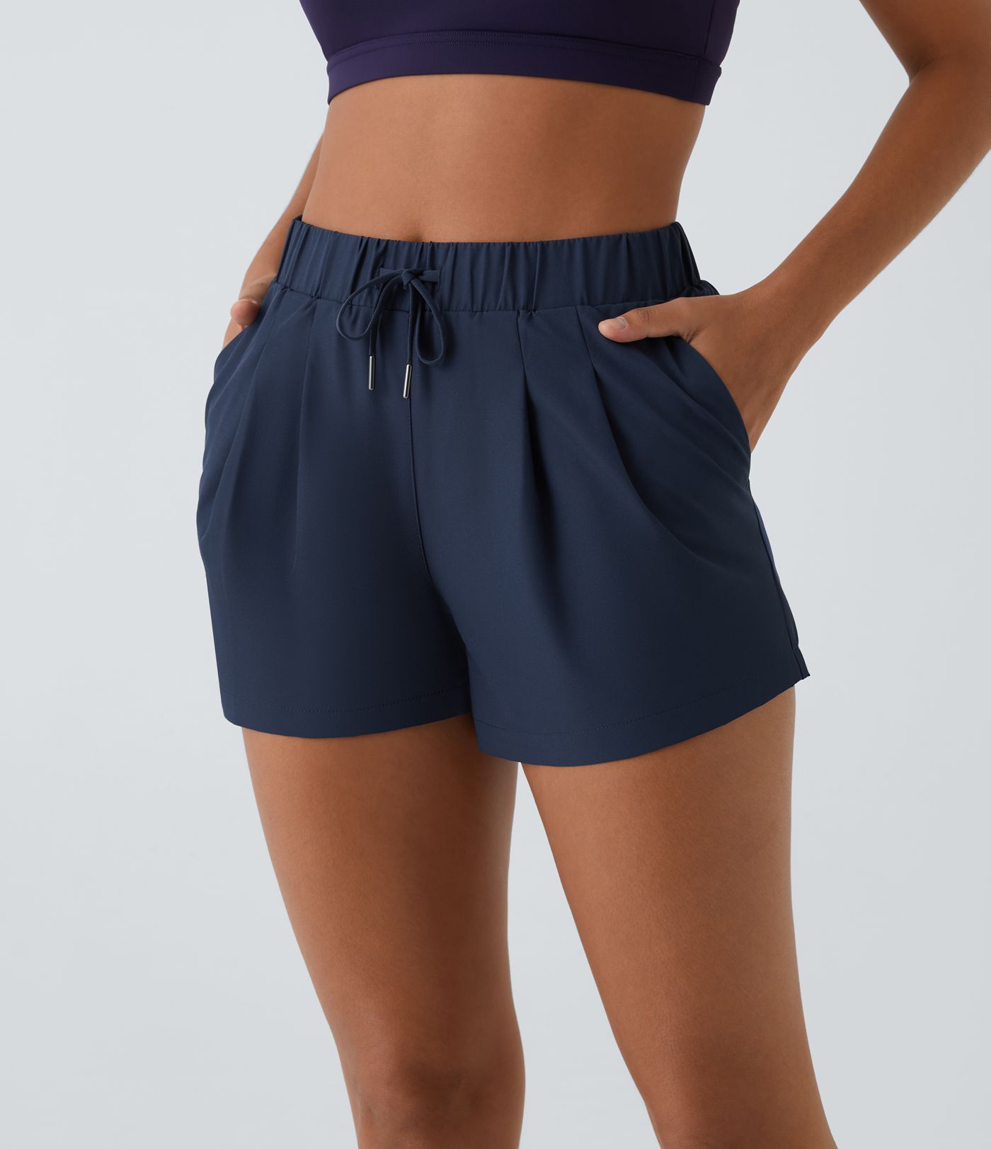 Mid Rise Elastic Waistband Drawstring Ruched Side Pocket Casual Shorts 3"