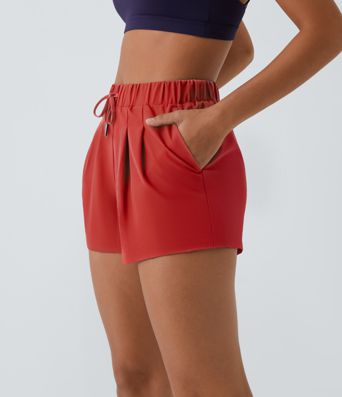 Patalón corto casual de cintura alta y elástica y cordón con bolsillo lateral fruncido de 3 pulgadas