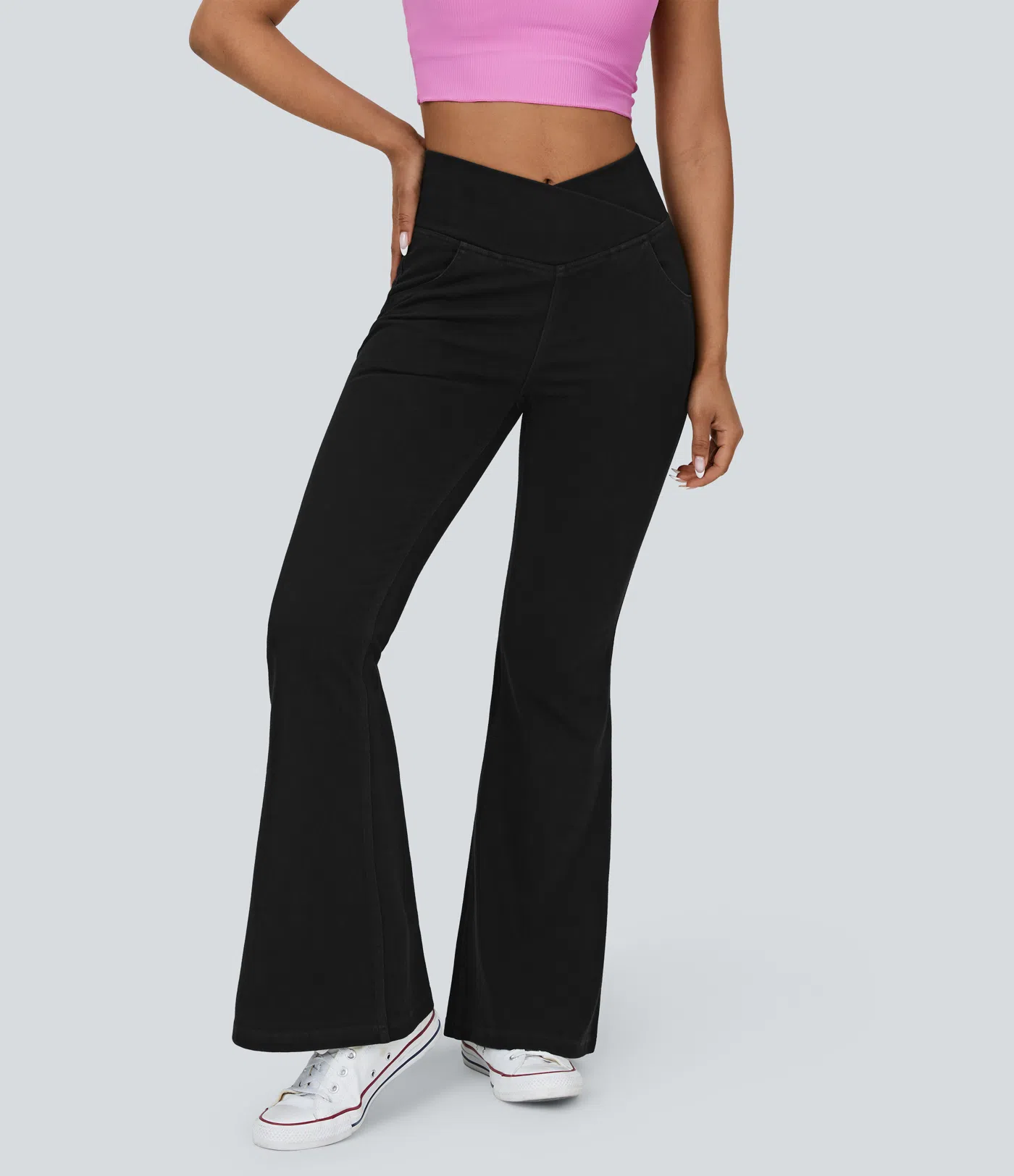 Halara Flex™ High Waisted Crossover Pocket Washed Stretchy Knit Casual Super Flare Jeans