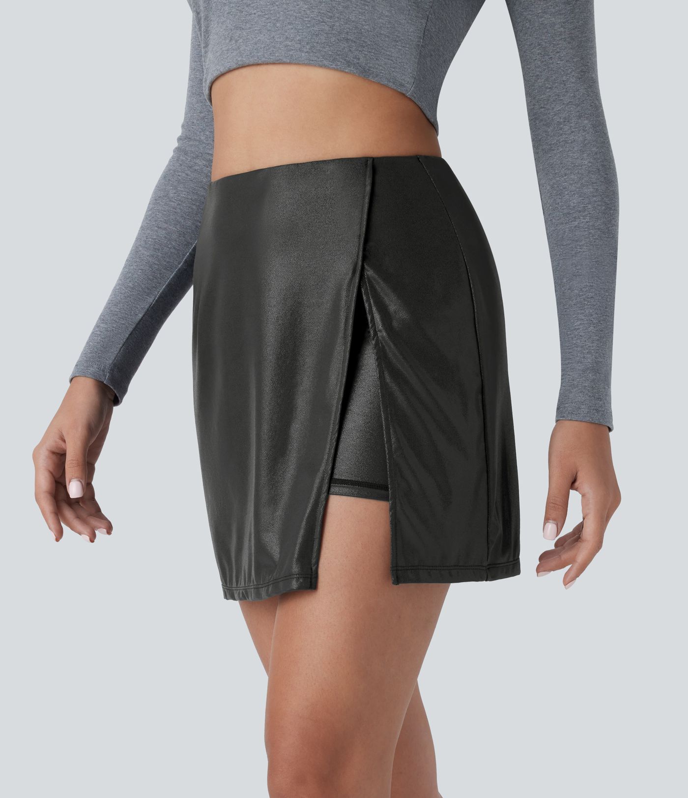 Softlyzero™ Jupe Soirée Mini à Tissu Enduit Taille Haute Ourlet Fendu 2-en-1 Poche Côté Imprimé Métallisé Élastique Moulante