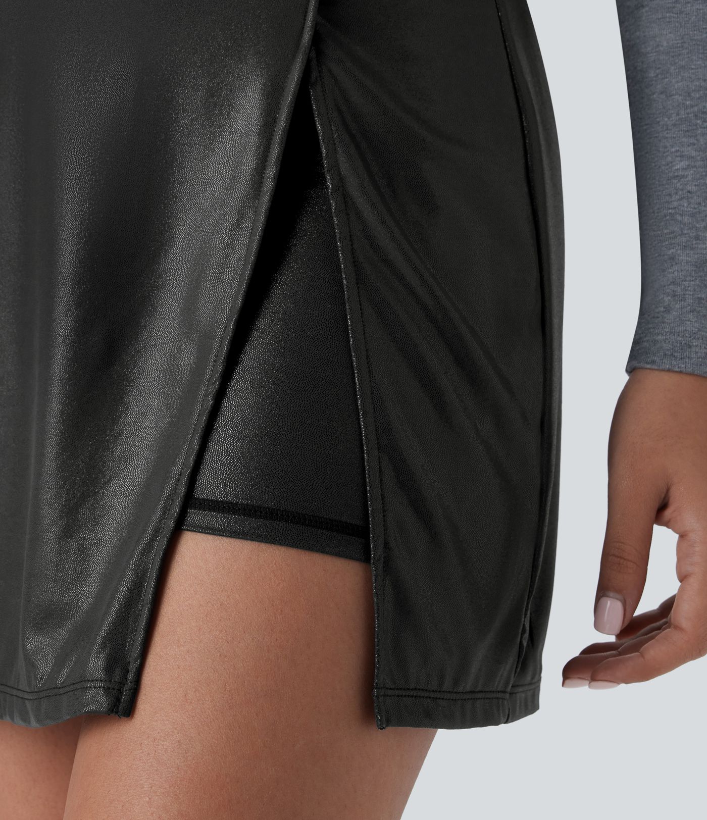 Softlyzero™ Jupe Soirée Mini à Tissu Enduit Taille Haute Ourlet Fendu 2-en-1 Poche Côté Imprimé Métallisé Élastique Moulante