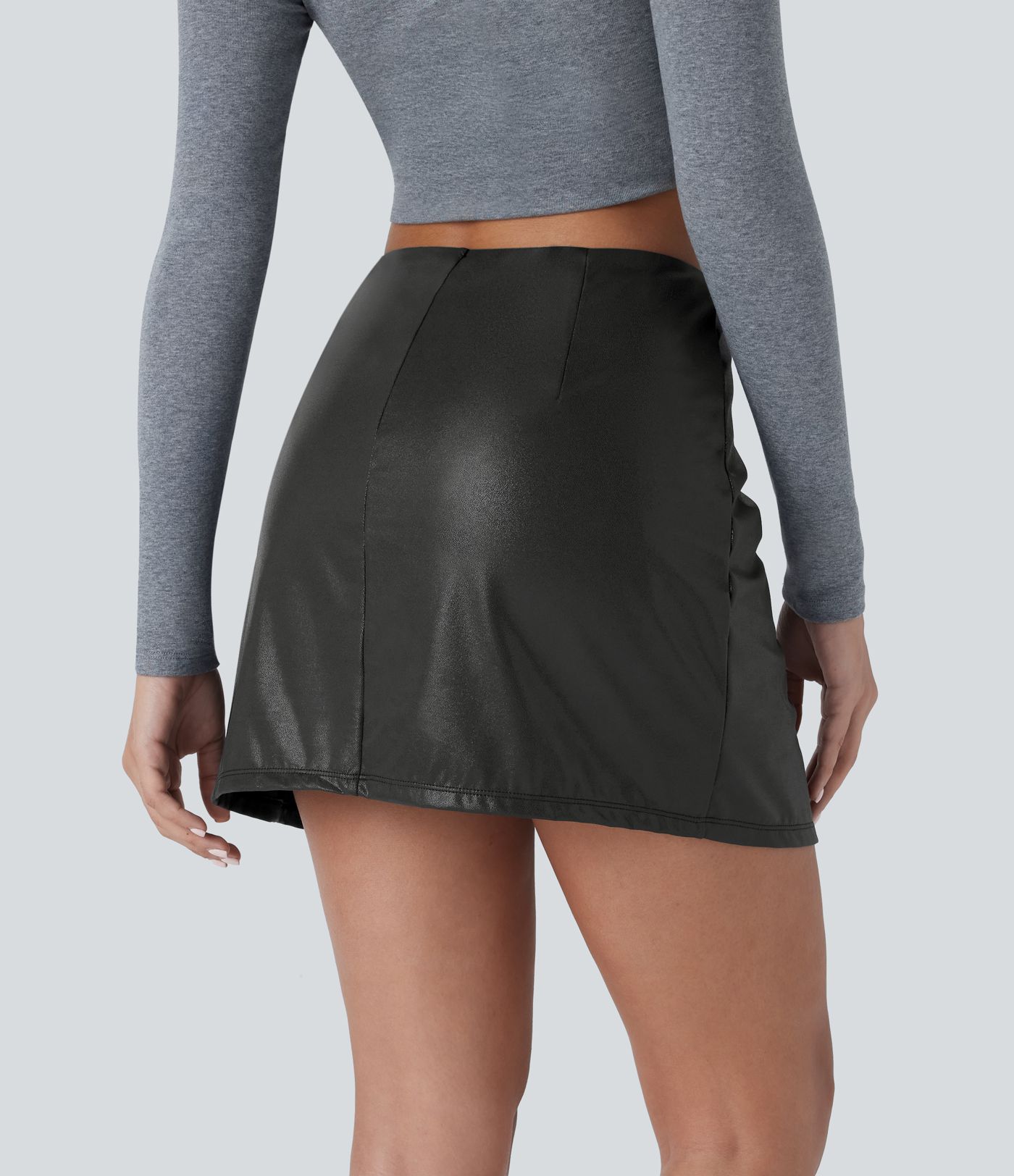 Softlyzero™ Jupe Soirée Mini à Tissu Enduit Taille Haute Ourlet Fendu 2-en-1 Poche Côté Imprimé Métallisé Élastique Moulante