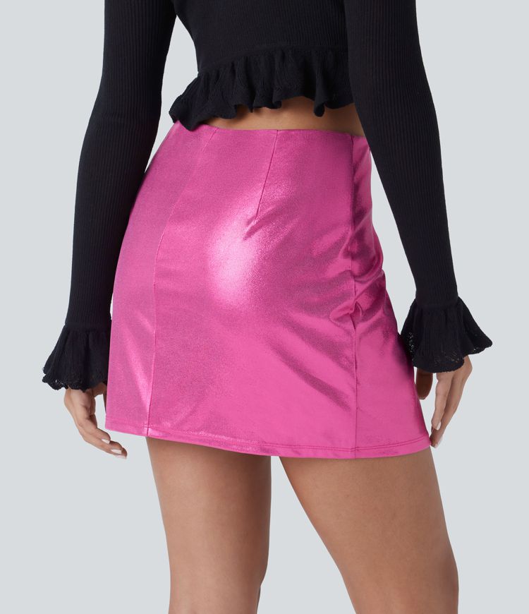 Softlyzero™ Faux Leather High Waisted Split Hem 2-in-1 Side Pocket Metallic Foil Print Stretchy Bodycon Mini Party Skirt