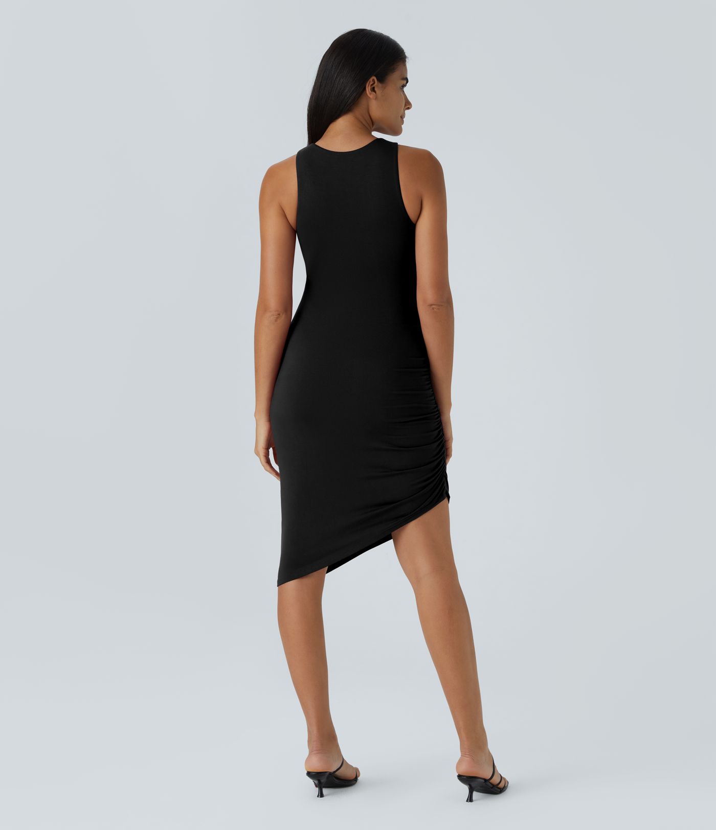 Round Neck Ruched Asymmetric Hem Bodycon Mini Casual Dress