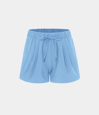High Waisted Elastic Waistband Drawstring Pleated Yoga Shorts 3" with Pockets