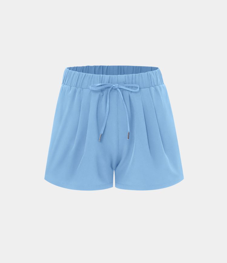 High Waisted Elastic Waistband Drawstring Pleated Yoga Shorts 3" with Pockets