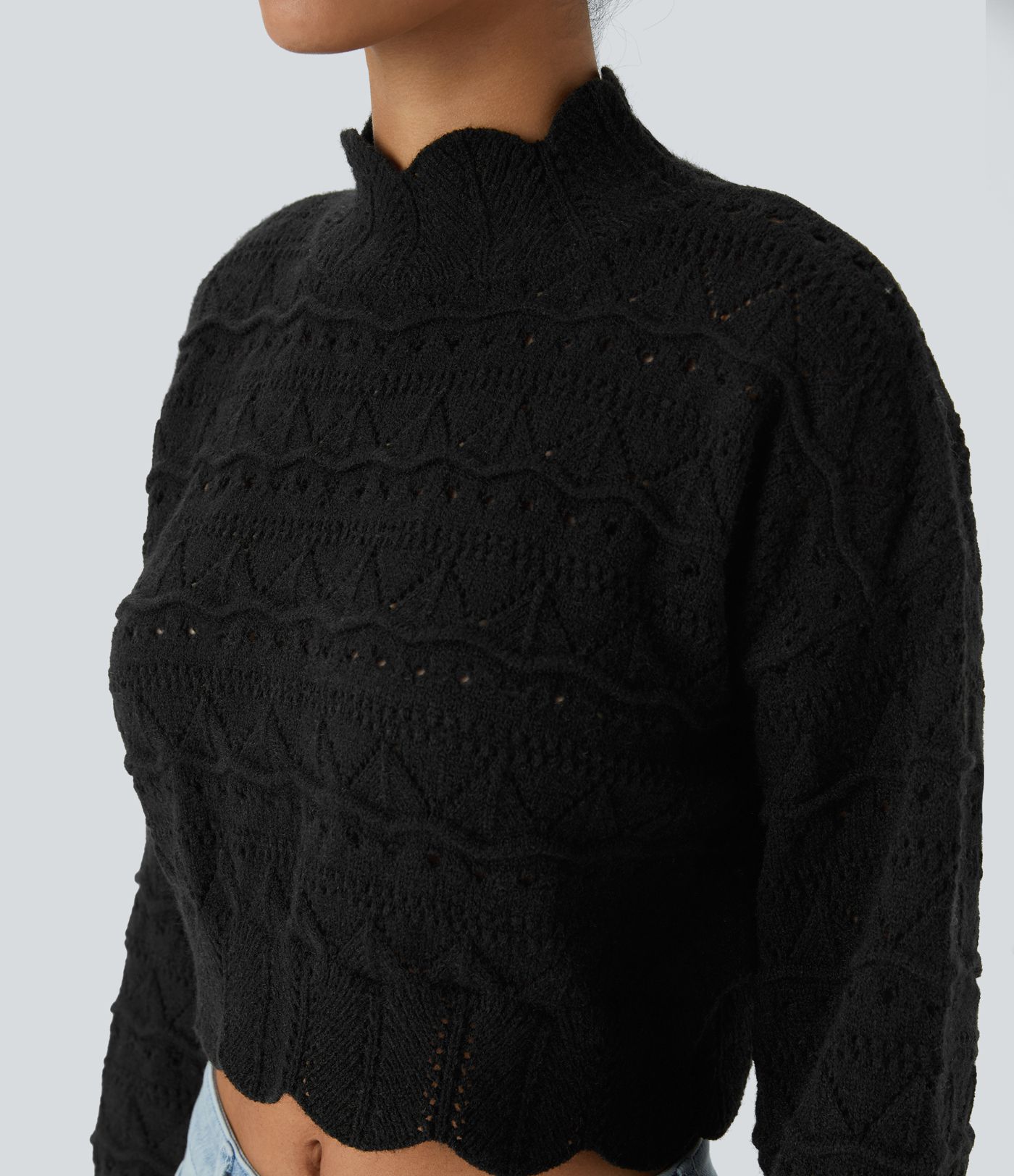 Mock Neck Bishop Sleeve Scallop Hem Open Knit Casual Sweater