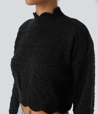 Mock Neck Bishop Sleeve Scallop Hem Open Knit Casual Sweater