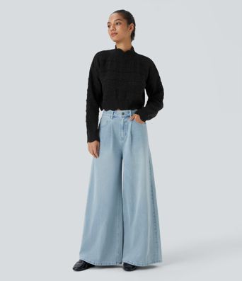 Mock Neck Bishop Sleeve Scallop Hem Open Knit Casual Sweater