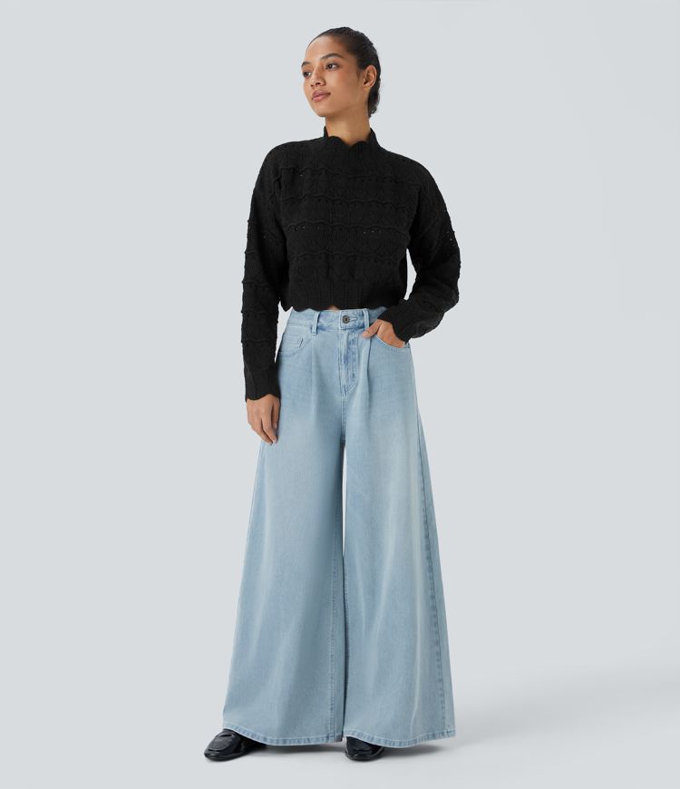 Mock Neck Bishop Sleeve Scallop Hem Open Knit Casual Jumper