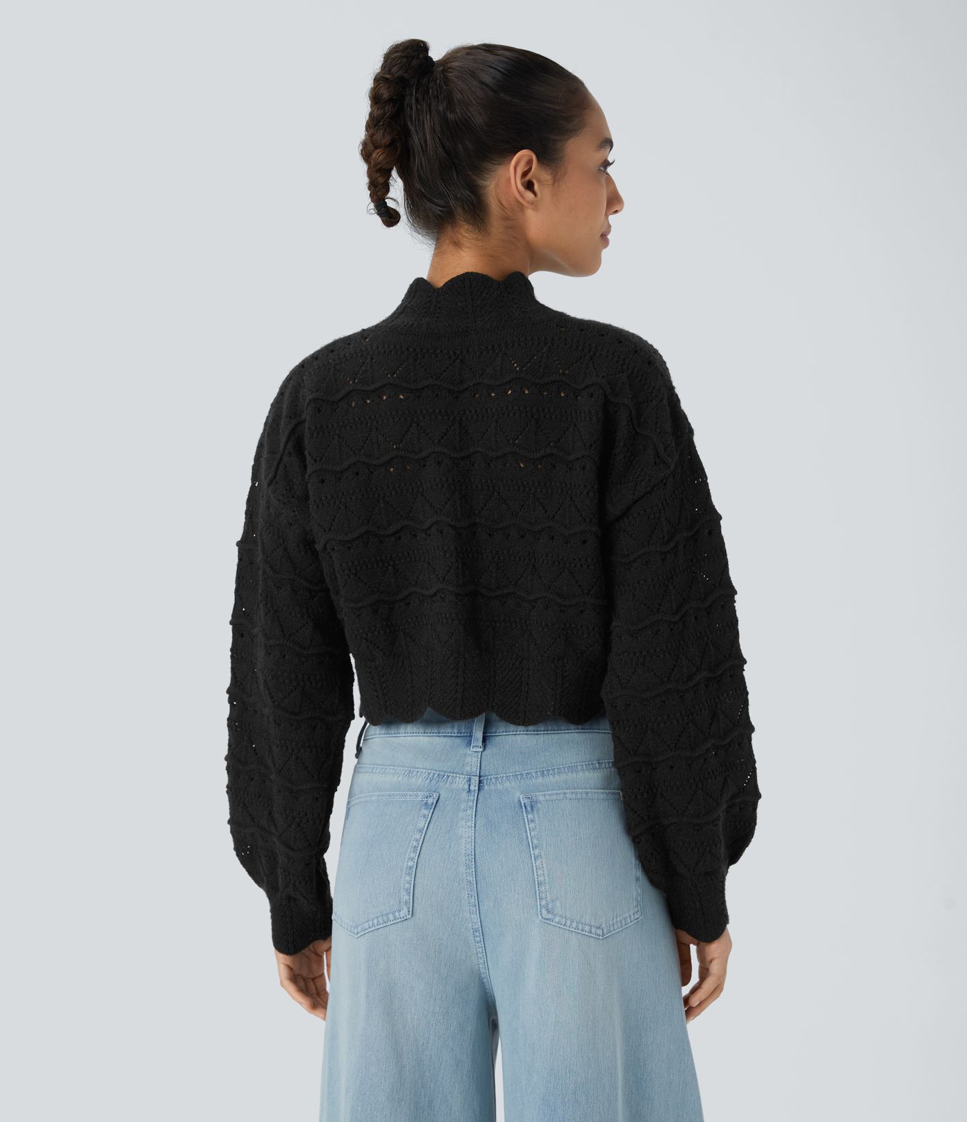 Mock Neck Bishop Sleeve Scallop Hem Open Knit Casual Sweater