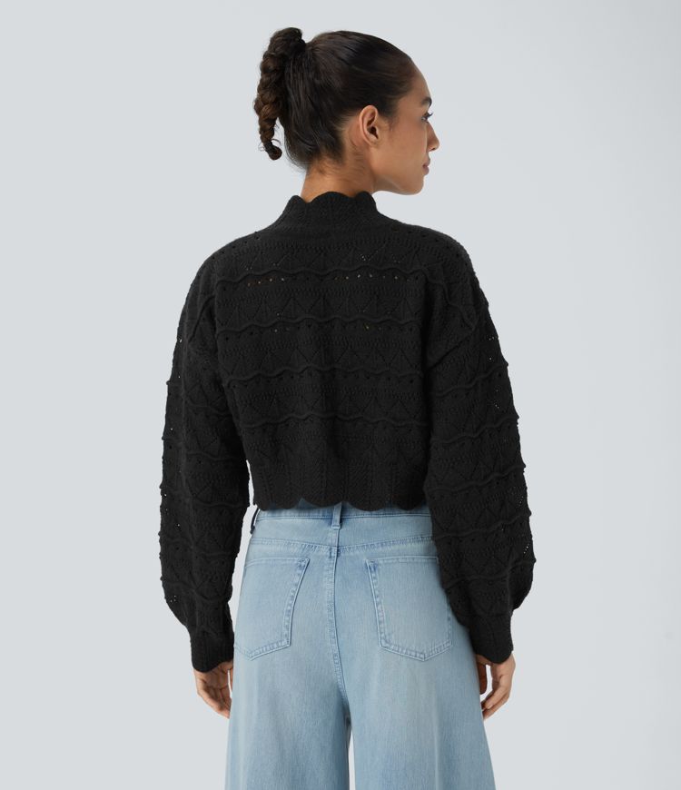 Mock Neck Bishop Sleeve Scallop Hem Open Knit Casual Jumper