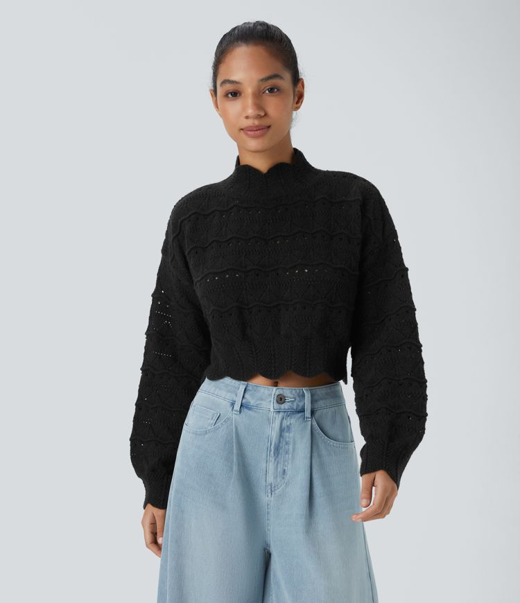 Mock Neck Bishop Sleeve Scallop Hem Open Knit Casual Jumper