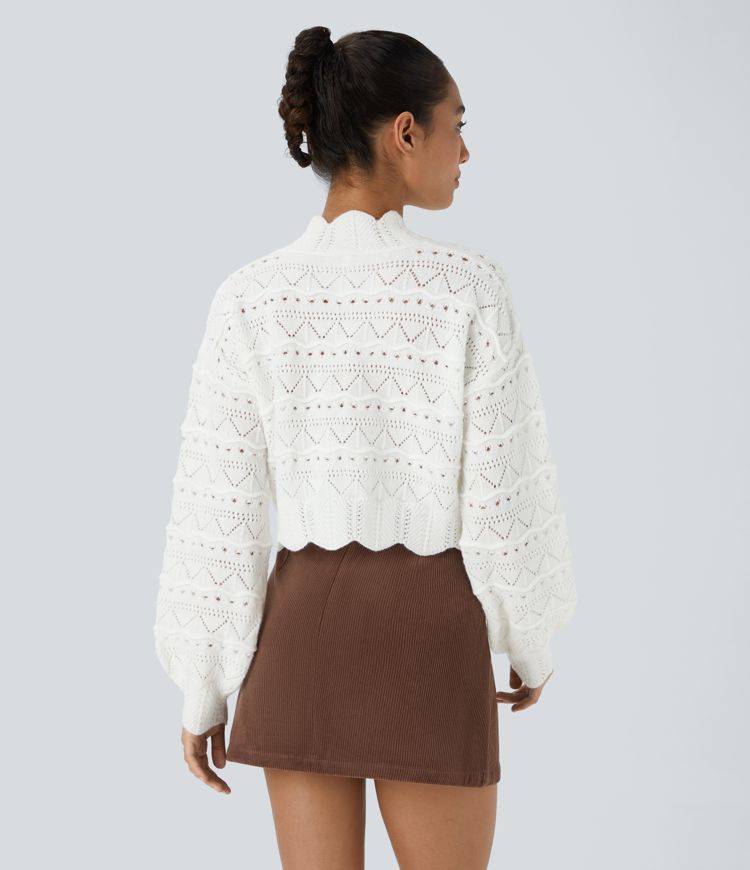 Mock Neck Bishop Sleeve Scallop Hem Open Knit Casual Sweater