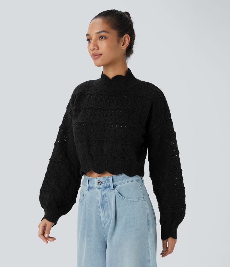 Mock Neck Bishop Sleeve Scallop Hem Open Knit Casual Jumper
